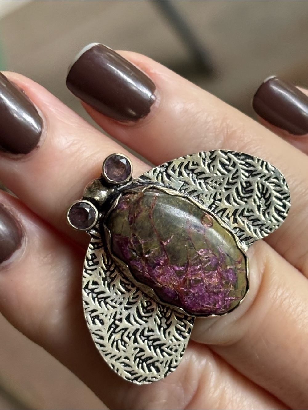 Handcrafted Silver Moth Ring Stitchtite and Amethysts NFS
